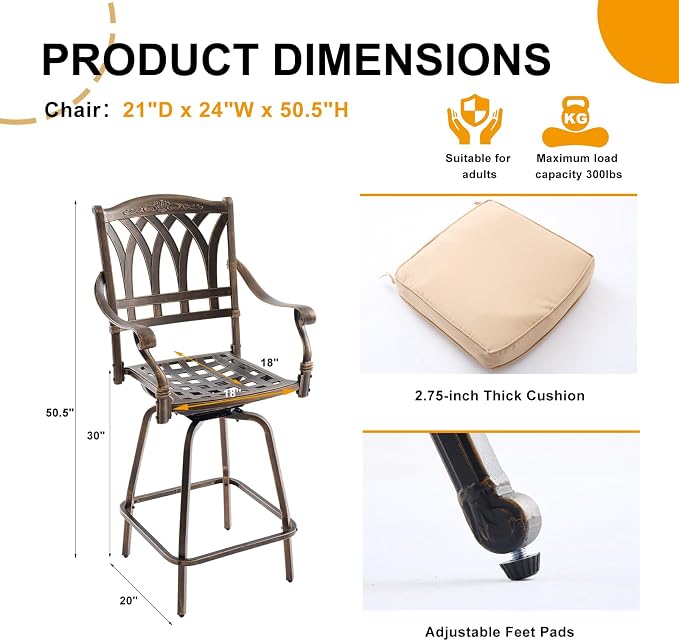 Outdoor Bar Height Table & Swivel Stool Set — 31.5" Round Cast Aluminum Patio Pub Table with Umbrella Hole + 2 High Top Bar Chairs with 360° Swivel & Removable Cushions (Bronze)