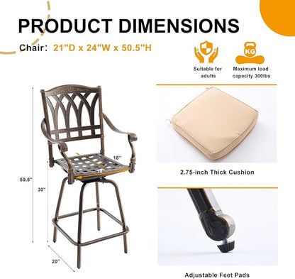 Outdoor Bar Height Table & Swivel Stool Set — 31.5" Round Cast Aluminum Patio Pub Table with Umbrella Hole + 2 High Top Bar Chairs with 360° Swivel & Removable Cushions (Bronze)