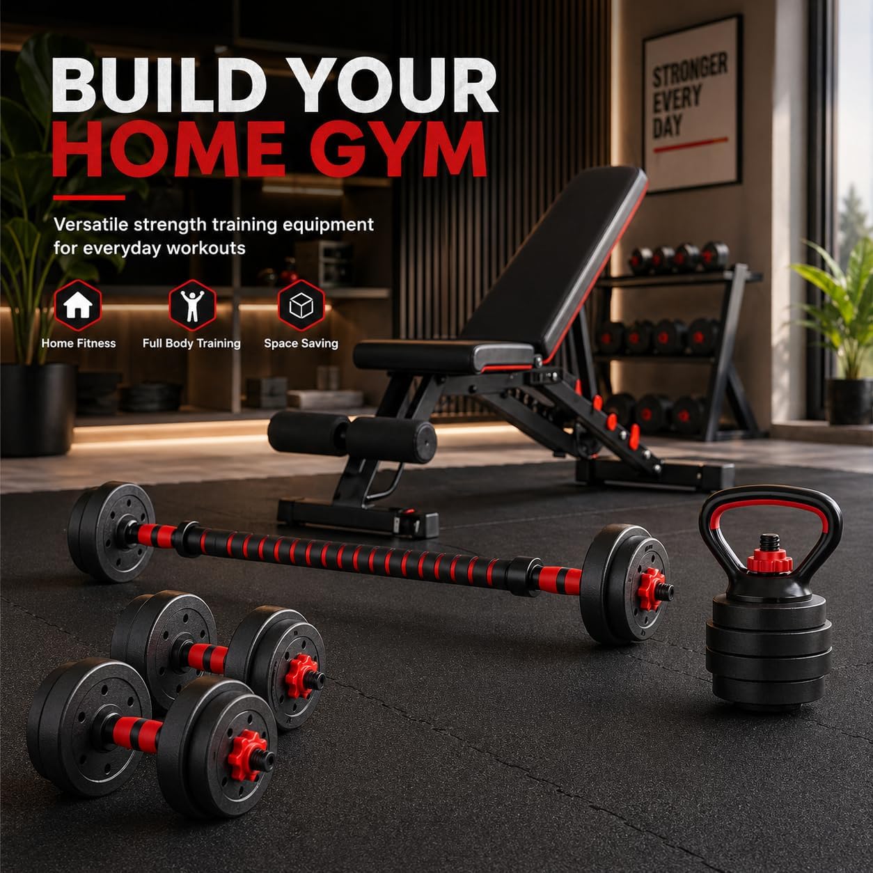6-in-1 Adjustable Dumbbell, Barbell & Kettlebell Set – 20kg to 40kg – Customisable Home Gym Strength Training Weights