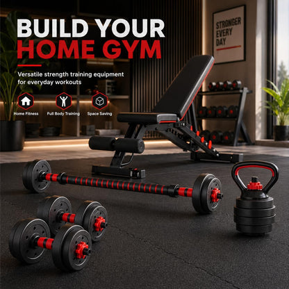 6-in-1 Adjustable Dumbbell, Barbell & Kettlebell Set – 20kg to 40kg – Customisable Home Gym Strength Training Weights