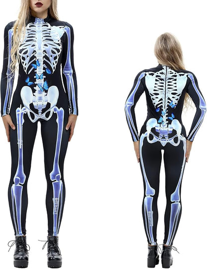 Women’s Skeleton Jumpsuit Halloween Costume – Long Sleeve Skull Bone Print Catsuit for Cosplay, Carnival & Theme Parties