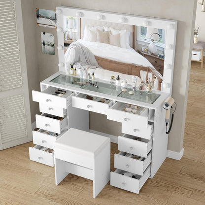 11 Drawer Dressing Table with Mirror and Lights – Hollywood LED Vanity Desk with Power Outlet, USB Ports, Glass Top, Fold-Up Panel and Stool – White, 120cm