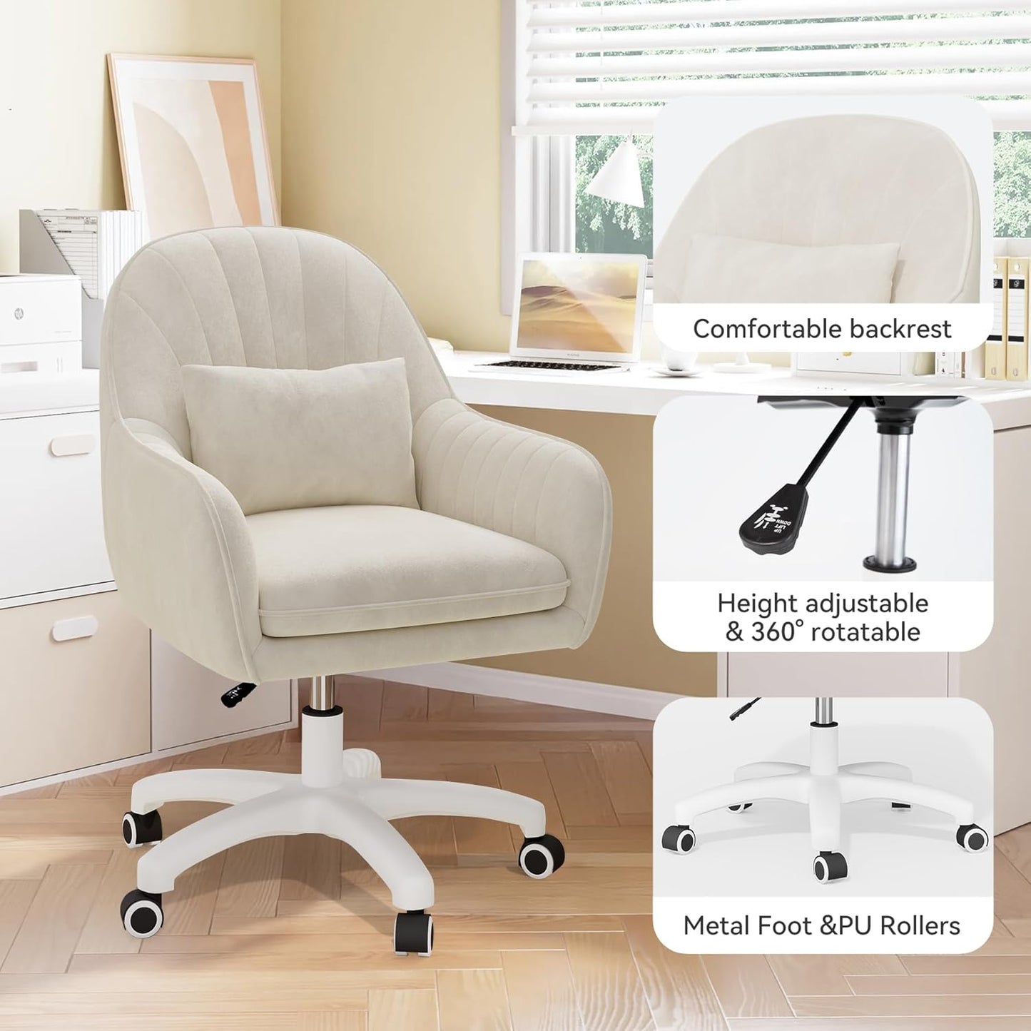 Velvet Swivel Office Chair, Ergonomic Vanity & Dressing Table Chair, 150kg Capacity