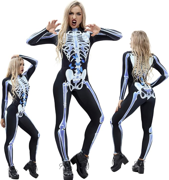Women’s Skeleton Jumpsuit Halloween Costume – Long Sleeve Skull Bone Print Catsuit for Cosplay, Carnival & Theme Parties