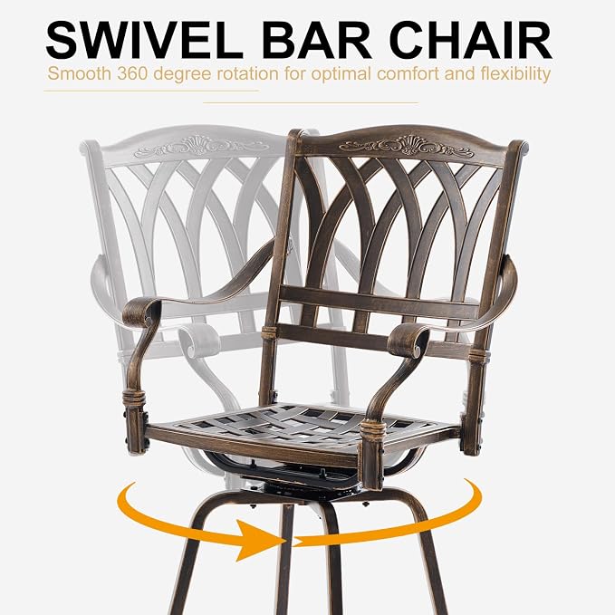 Outdoor Bar Height Table & Swivel Stool Set — 31.5" Round Cast Aluminum Patio Pub Table with Umbrella Hole + 2 High Top Bar Chairs with 360° Swivel & Removable Cushions (Bronze)