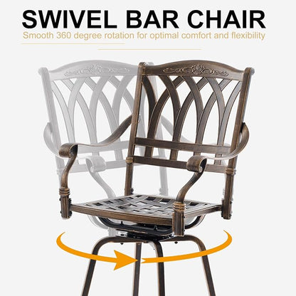 Outdoor Bar Height Table & Swivel Stool Set — 31.5" Round Cast Aluminum Patio Pub Table with Umbrella Hole + 2 High Top Bar Chairs with 360° Swivel & Removable Cushions (Bronze)