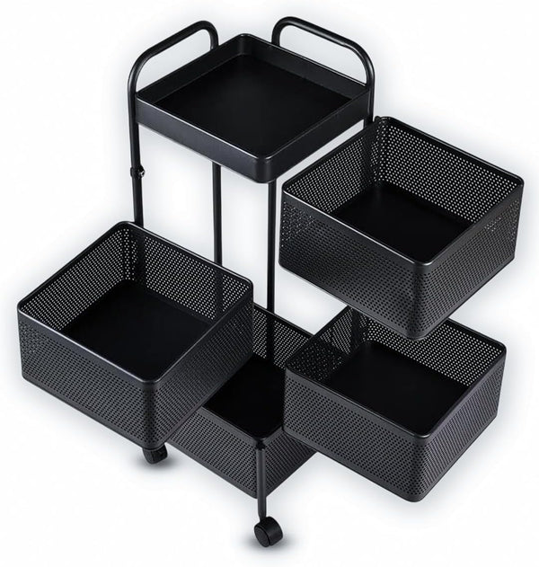 4 Tier Square Movable And Detachable Metal Rolling Trolley Cart Basket Shelf With Wheels – Kitchen Ideal Storage Rack For Vegetable, Fruit, Pantry, Bathroom – Black (4 - Tier)