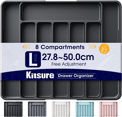 Kitsure Large Adjustable Cutlery Drawer Organiser – Expandable Utensil Tray, Blue, 34.8 x 27.8-50 cm