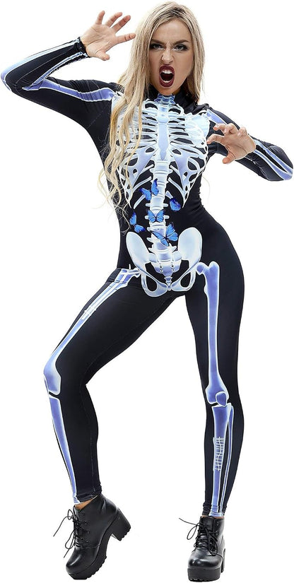 Women’s Skeleton Jumpsuit Halloween Costume – Long Sleeve Skull Bone Print Catsuit for Cosplay, Carnival & Theme Parties