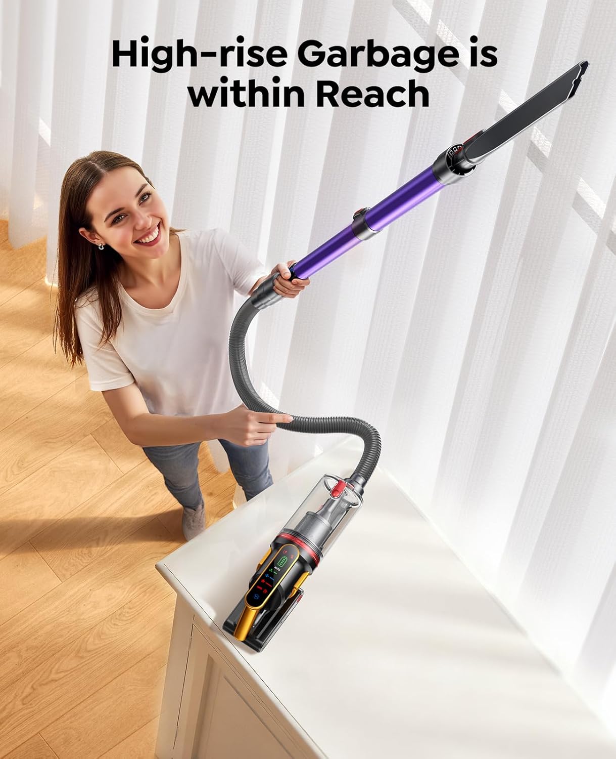 Cordless Vacuum Cleaner 600W 50KPa, Stick Vacuum with Touch Screen & Auto Mode, 65-Min Runtime, Lightweight Vacuum for Pet Hair, Carpets & Hard Floors, Wall Charging, 1M Hose, UK Plug