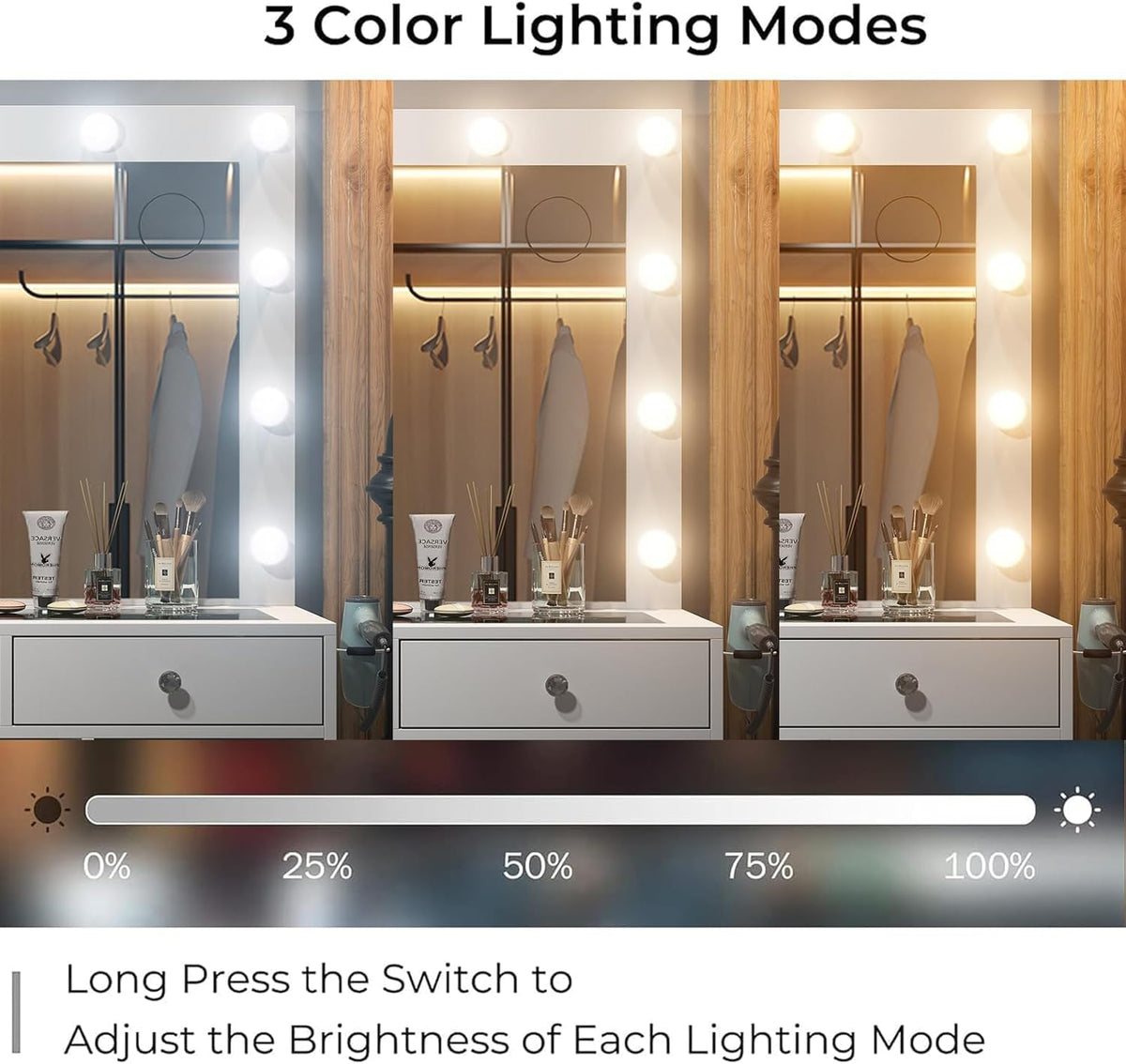 11 Drawer Dressing Table with Mirror and Lights – Hollywood LED Vanity Desk with Power Outlet, USB Ports, Glass Top, Fold-Up Panel and Stool – White, 120cm