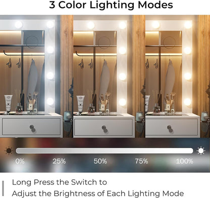 11 Drawer Dressing Table with Mirror and Lights – Hollywood LED Vanity Desk with Power Outlet, USB Ports, Glass Top, Fold-Up Panel and Stool – White, 120cm