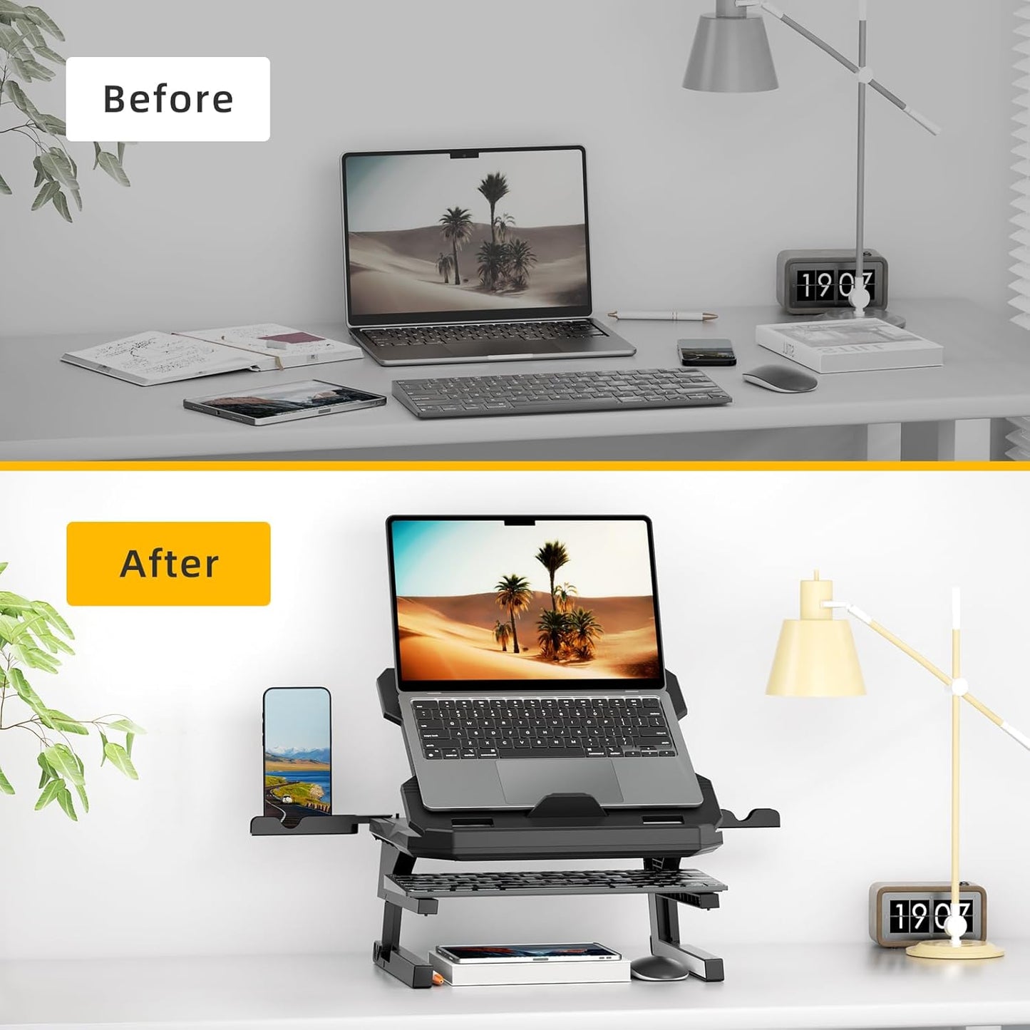 Adjustable Laptop Stand with Phone Holder — Rotating Base, 3-Height Riser, Fits 10–17"