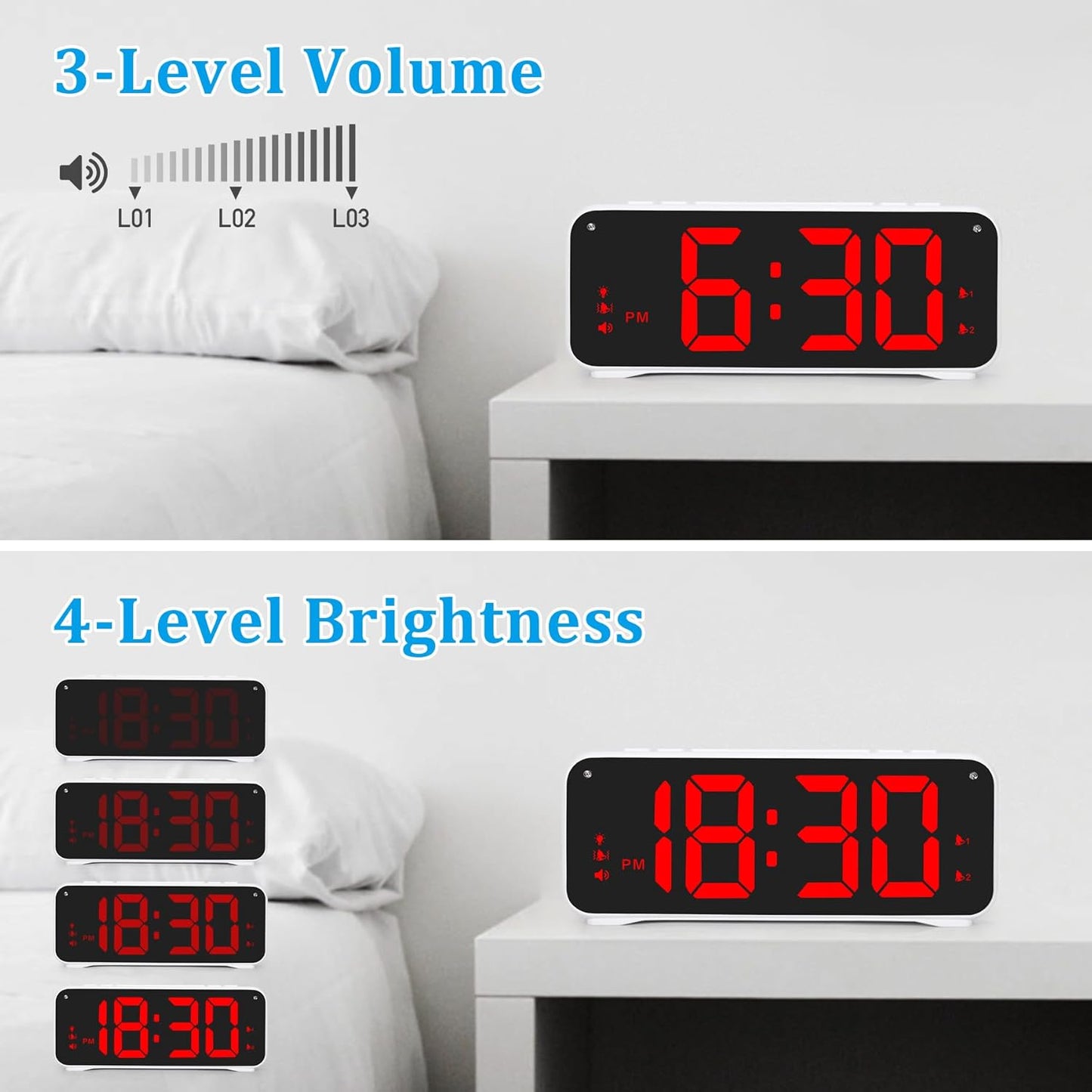 Sukeen Loud Alarm Clock with Bed Shaker – For Heavy Sleepers, 6.5" LED Display, Dual Alarm, USB Charger