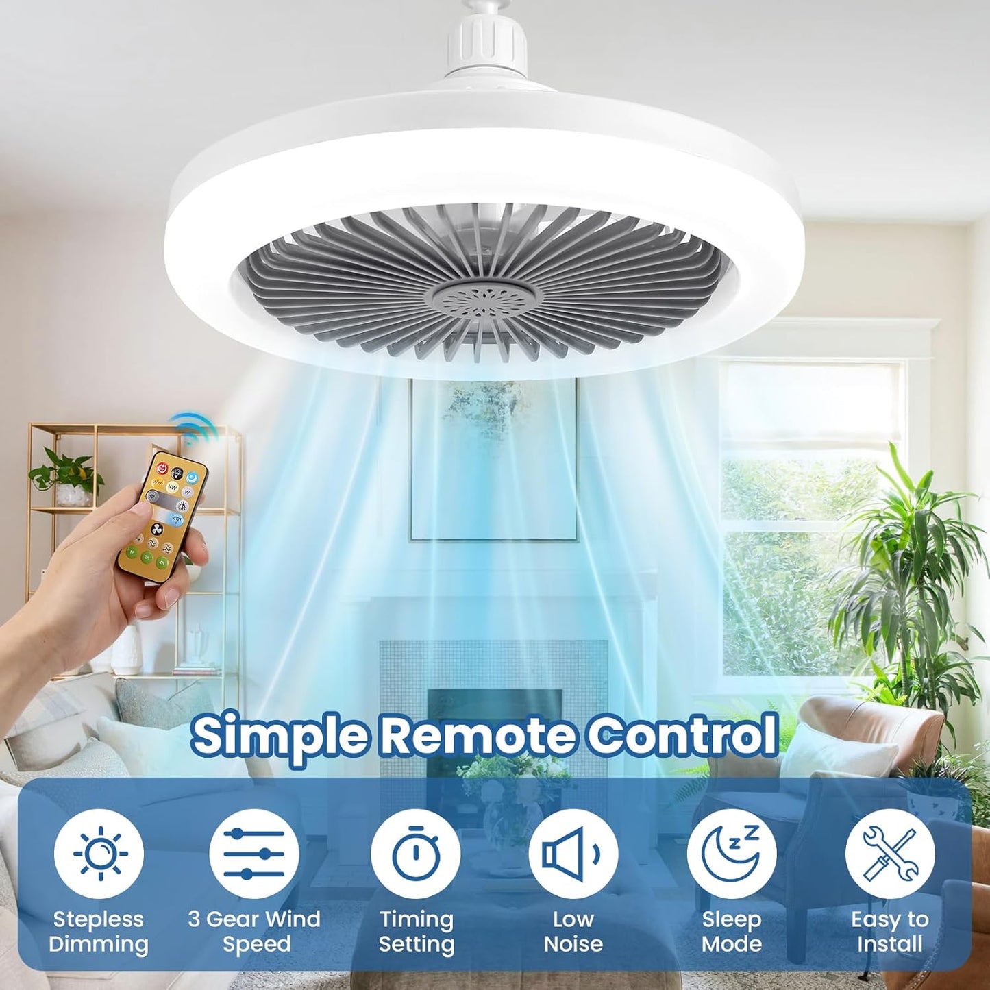 LED Multi-Function Fan Light – Screw-In Ceiling Fan with Remote, Dimmable, 3 Speeds, 3 Colours