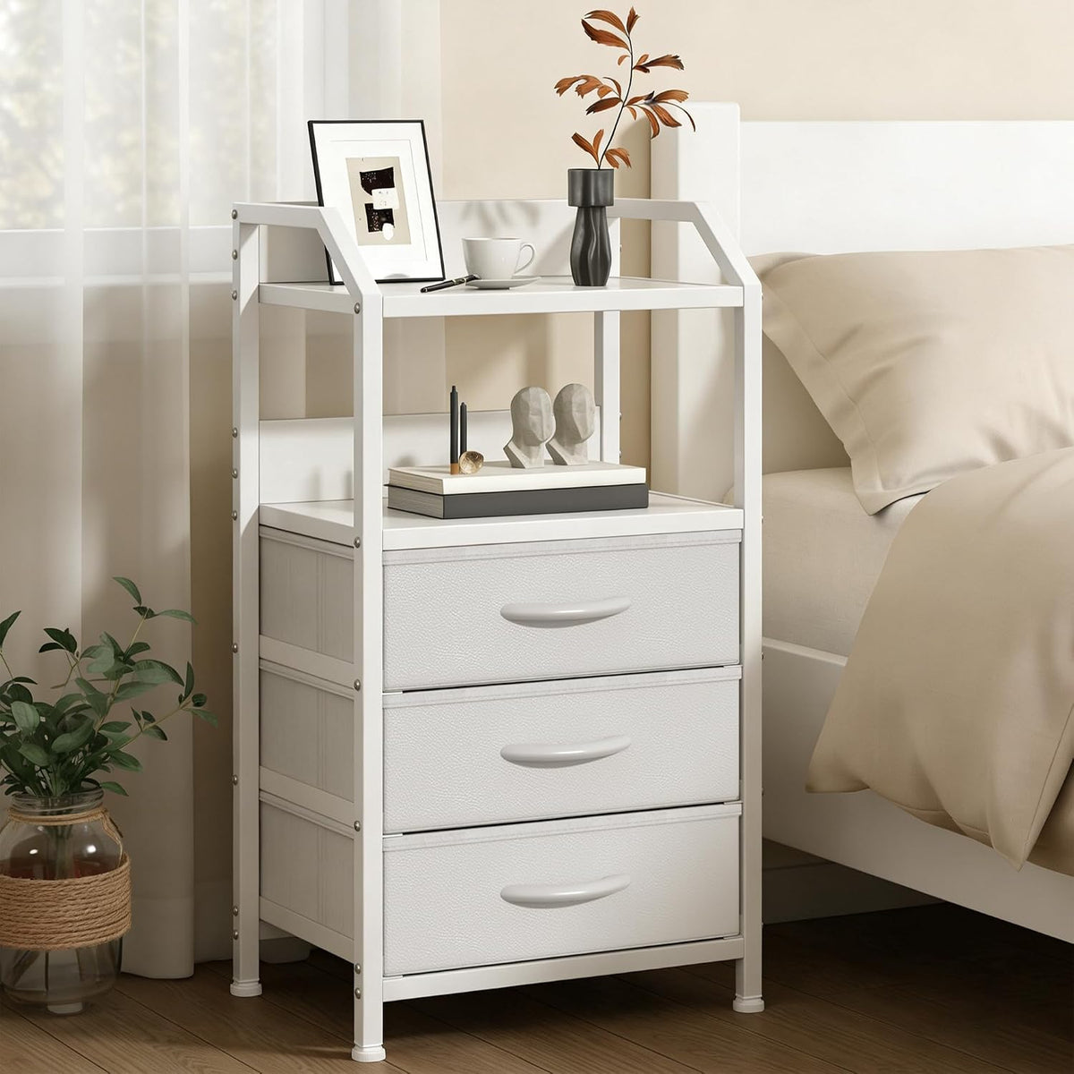 White 3 Drawer Fabric Storage Unit with Open Shelf, Bedside Table, Metal Frame 40x30x72cm