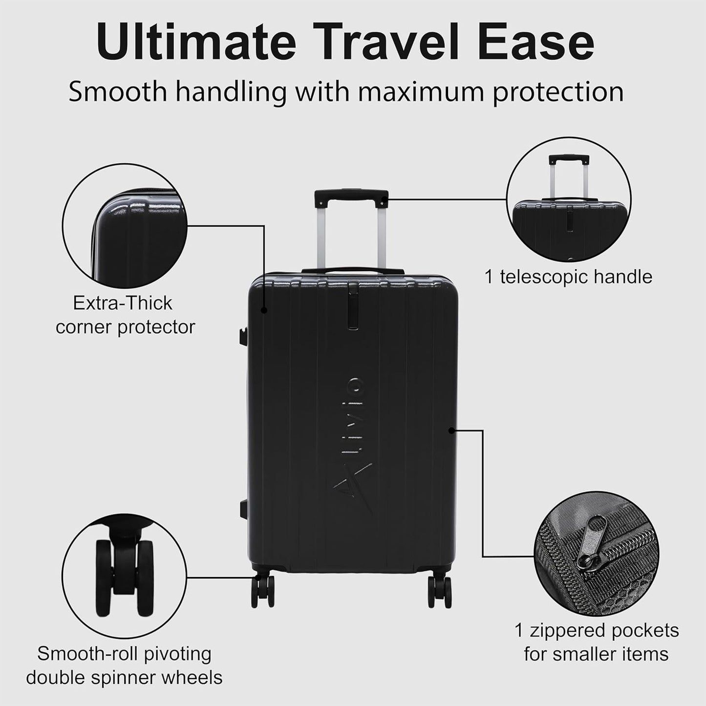 Alivio 3 Piece Hard-Shell Luggage Set with Secure Number Lock, 360 Spinner Wheels & 3-Step Telescopic Handle – Lightweight Travel Trolley Suitcase Set (Small/Medium/Large) (Black)