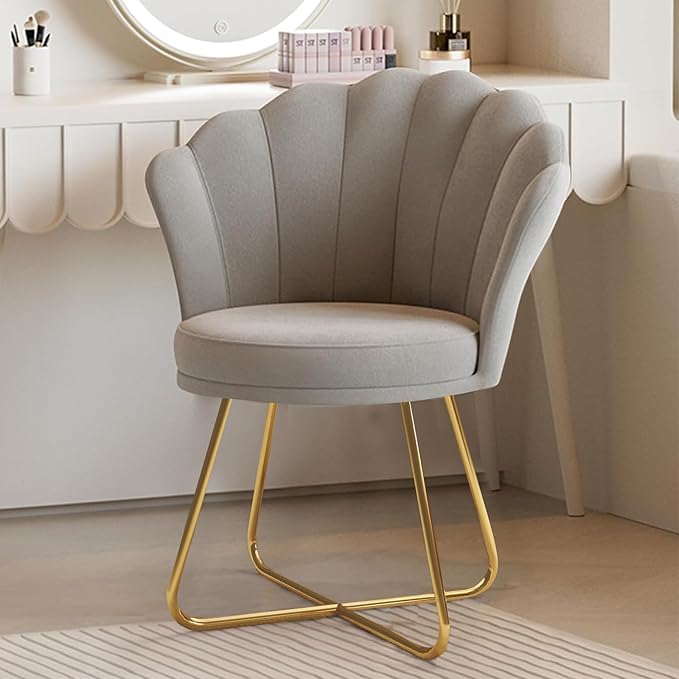 Black Velvet Vanity Chair – Petal Back, Gold Metal Frame, Dressing Table Chair for Bedroom & Makeup Area