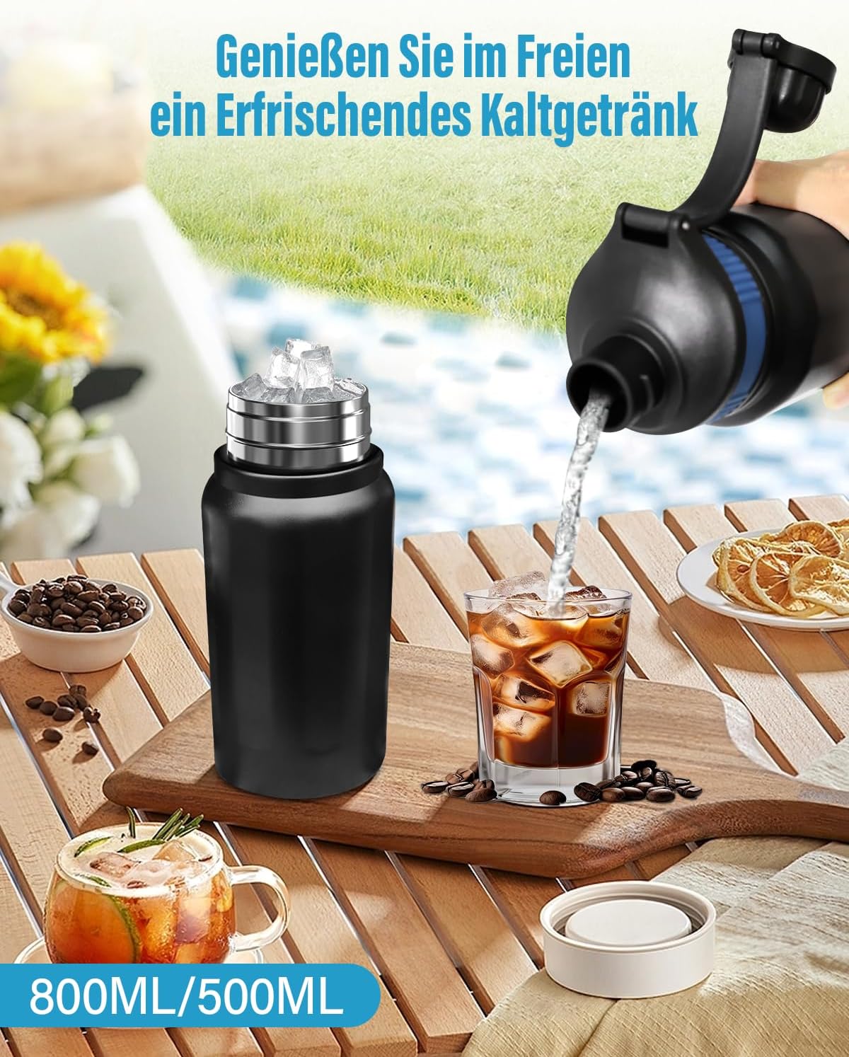 Insulated Water Bottle for Cold Drinks 500ml 800ml Stainless Steel Leak Proof with Straw 3 Interchangeable Silicone Bands BPA Free for Travel (500ml)