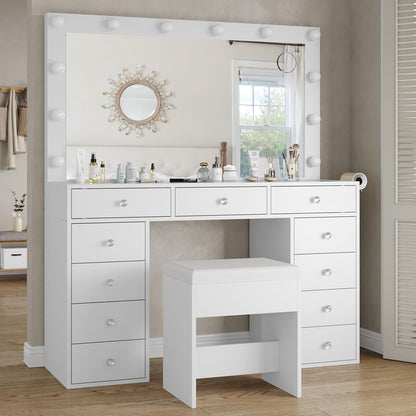 11 Drawer Dressing Table with Mirror and Lights – Hollywood LED Vanity Desk with Power Outlet, USB Ports, Glass Top, Fold-Up Panel and Stool – White, 120cm
