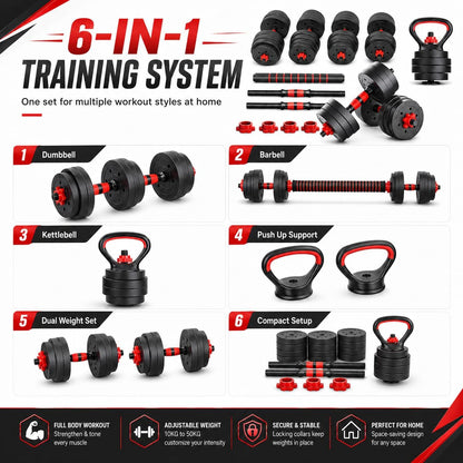 6-in-1 Adjustable Dumbbell, Barbell & Kettlebell Set – 20kg to 40kg – Customisable Home Gym Strength Training Weights