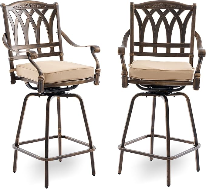 Outdoor Bar Height Table & Swivel Stool Set — 31.5" Round Cast Aluminum Patio Pub Table with Umbrella Hole + 2 High Top Bar Chairs with 360° Swivel & Removable Cushions (Bronze)