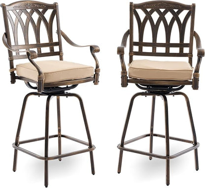 Outdoor Bar Height Table & Swivel Stool Set — 31.5" Round Cast Aluminum Patio Pub Table with Umbrella Hole + 2 High Top Bar Chairs with 360° Swivel & Removable Cushions (Bronze)