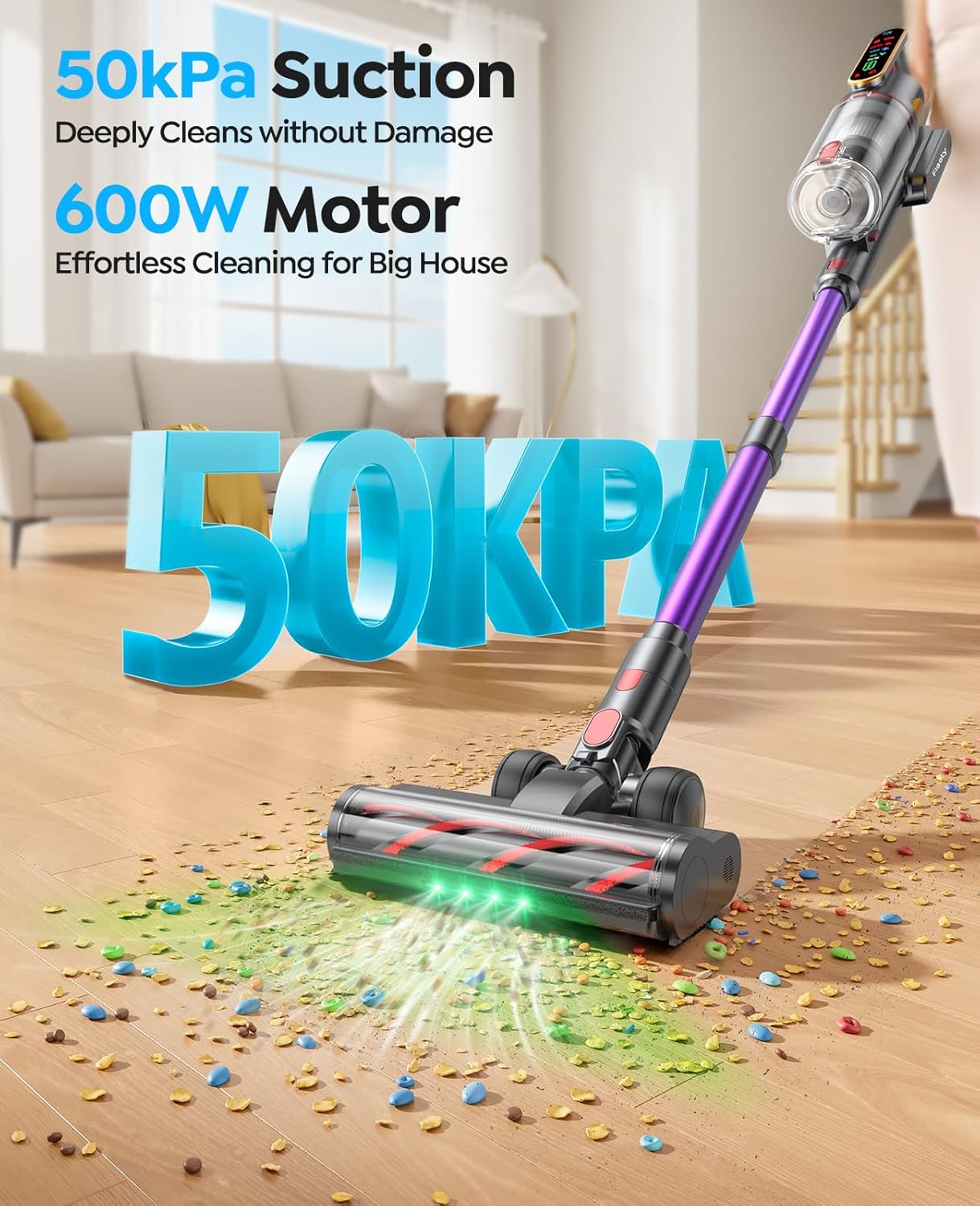Cordless Vacuum Cleaner 600W 50KPa, Stick Vacuum with Touch Screen & Auto Mode, 65-Min Runtime, Lightweight Vacuum for Pet Hair, Carpets & Hard Floors, Wall Charging, 1M Hose, UK Plug