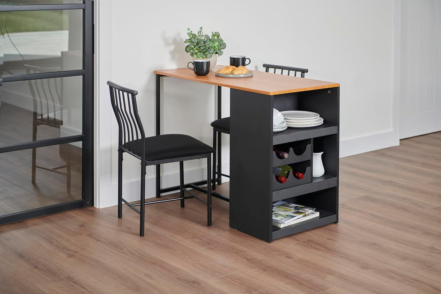 Greenhurst Studio Bistro Dining Set with 2 fabric covered chairs, added Storage and wine rack L100 x W50 x H76cm (Black)