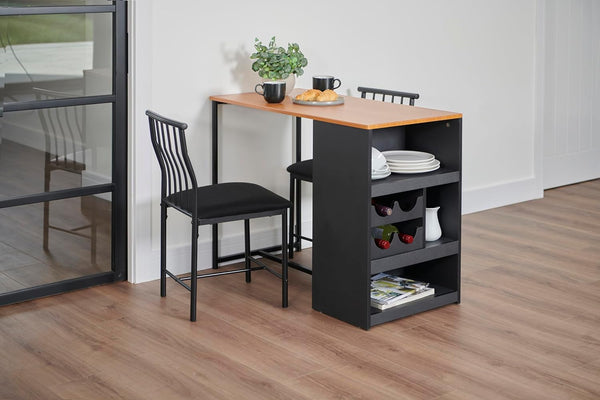 Greenhurst Studio Bistro Dining Set with 2 fabric covered chairs, added Storage and wine rack L100 x W50 x H76cm (Black)