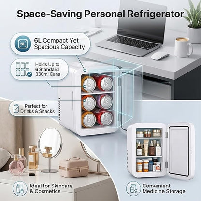 Alivio 6L & 4L Mini Fridge Portable Cold-Warm Electronic Refrigerator, Quiet & Energy Efficient Small Fridge for Bedroom, Office & Car, Skincare, Drinks & Cosmetics Storage with AC/DC Power (White)