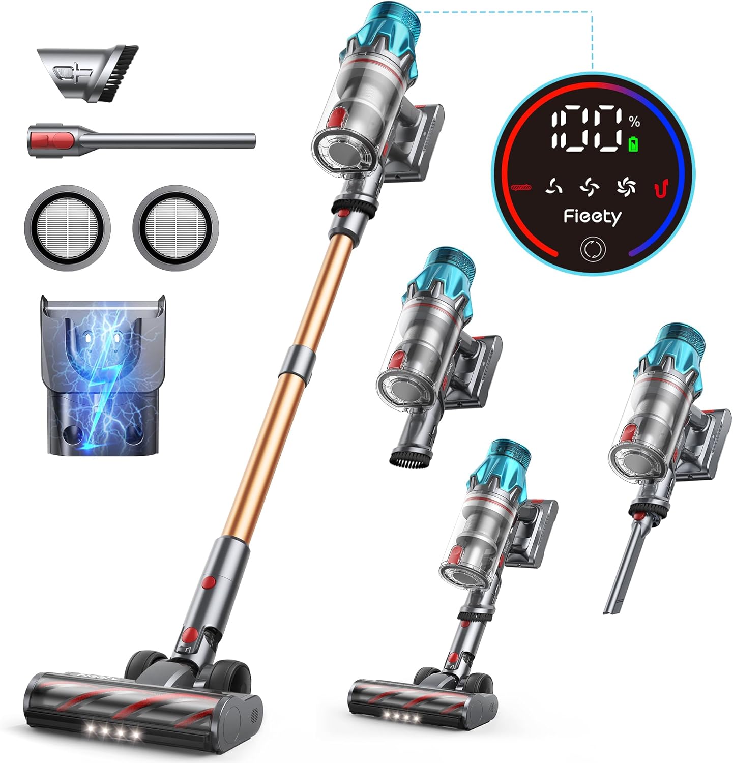 Fieety 550W Cordless Stick Vacuum Cleaner – 45,000Pa Suction, 60-Min Runtime, Touch Display & Charging Dock