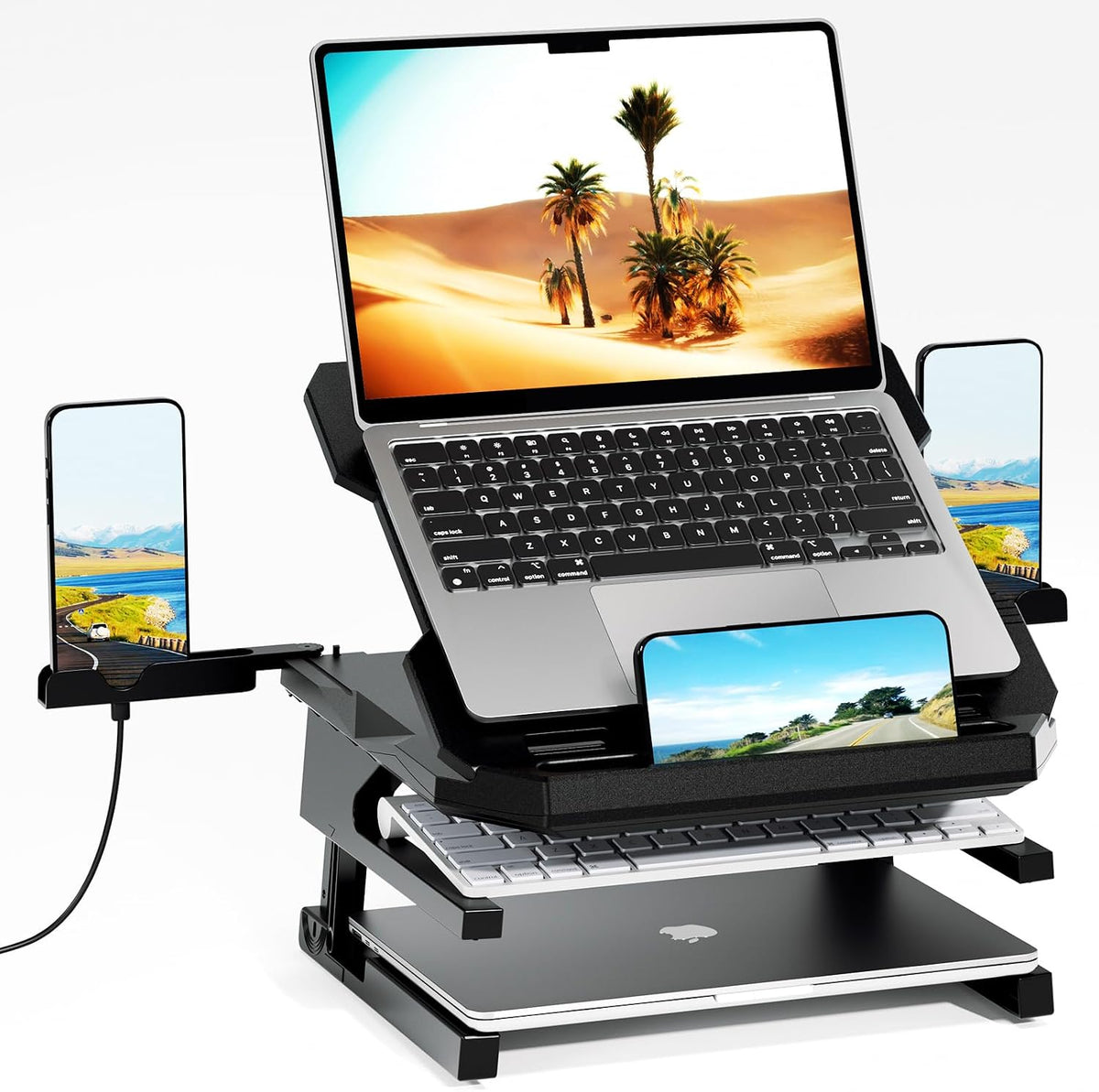 Adjustable Laptop Stand with Phone Holder — Rotating Base, 3-Height Riser, Fits 10–17"