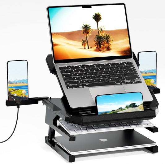 Adjustable Laptop Stand with Phone Holder — Rotating Base, 3-Height Riser, Fits 10–17"