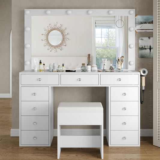 11 Drawer Dressing Table with Mirror and Lights – Hollywood LED Vanity Desk with Power Outlet, USB Ports, Glass Top, Fold-Up Panel and Stool – White, 120cm