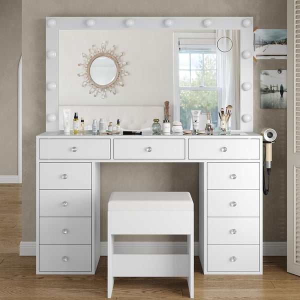 11 Drawer Dressing Table with Mirror and Lights – Hollywood LED Vanity Desk with Power Outlet, USB Ports, Glass Top, Fold-Up Panel and Stool – White, 120cm