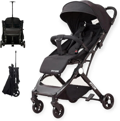 RYDR C8 Compact Travel Pushchair | Lightweight Baby Stroller/Pram/Buggy for 0–3 years/15kg | Easy One-Hand Fold, 5-Point Harness, Adjustable Back, Leg Rest and Canopy, Shopping Basket (Black)