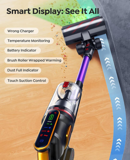 Cordless Vacuum Cleaner 600W 50KPa, Stick Vacuum with Touch Screen & Auto Mode, 65-Min Runtime, Lightweight Vacuum for Pet Hair, Carpets & Hard Floors, Wall Charging, 1M Hose, UK Plug