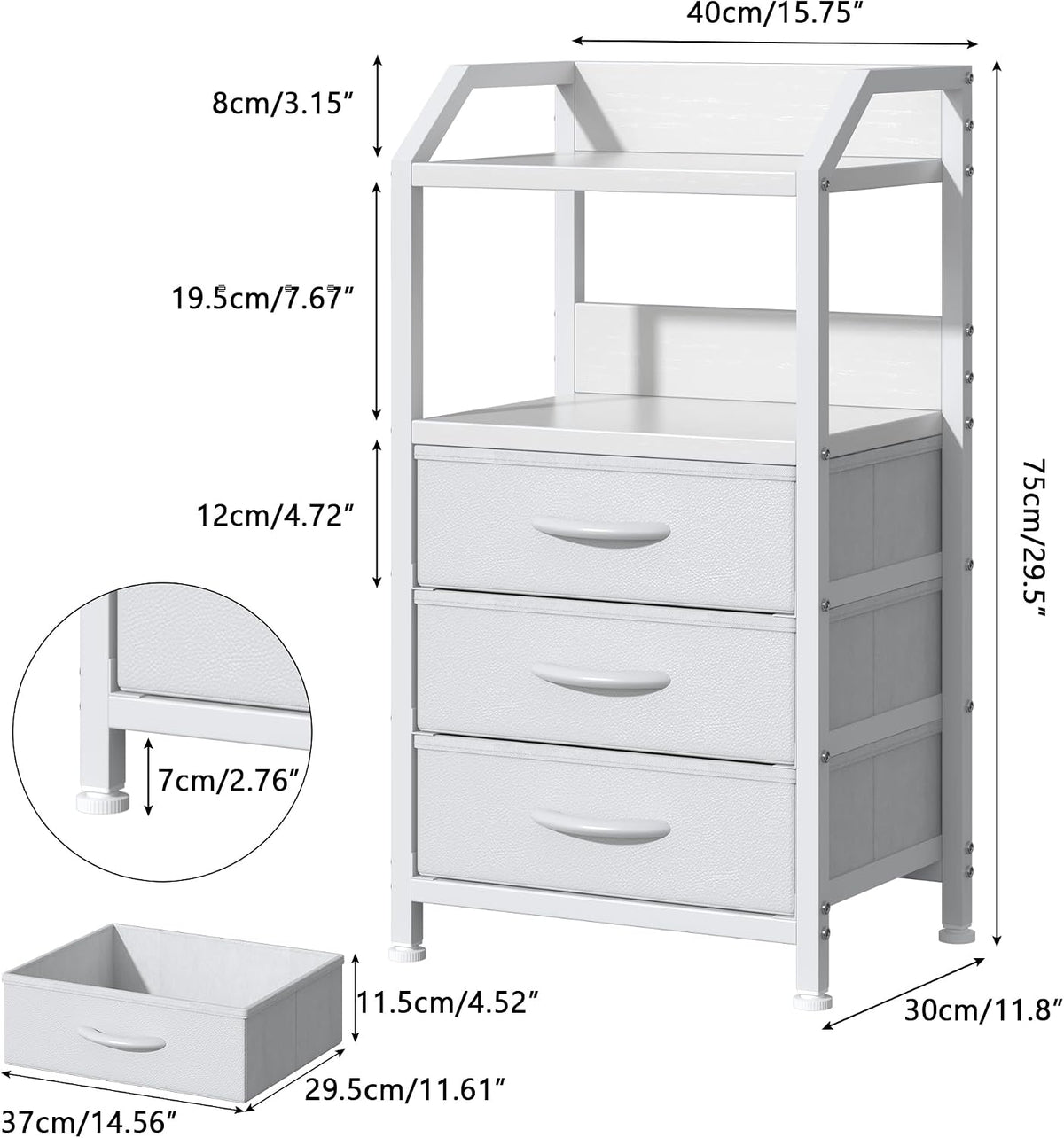 White 3 Drawer Fabric Storage Unit with Open Shelf, Bedside Table, Metal Frame 40x30x72cm