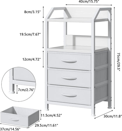 White 3 Drawer Fabric Storage Unit with Open Shelf, Bedside Table, Metal Frame 40x30x72cm