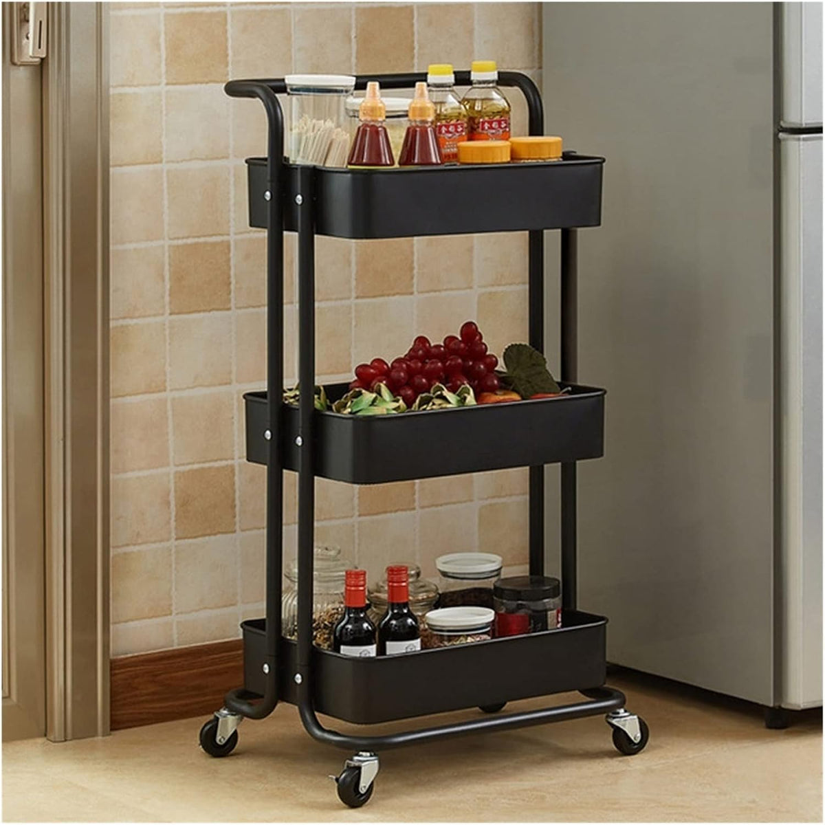 3 Tier Metal Storage Trolley on Wheels, Kitchen Bathroom Utility Cart, Black or White, 86x42cm