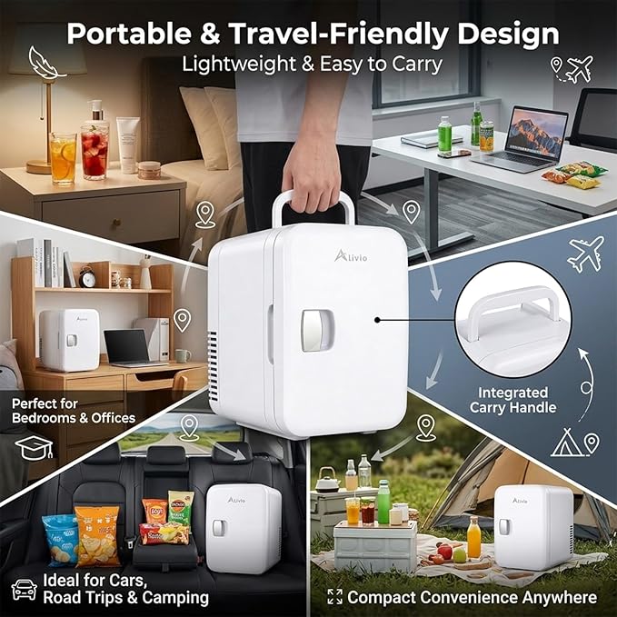 Alivio 6L & 4L Mini Fridge Portable Cold-Warm Electronic Refrigerator, Quiet & Energy Efficient Small Fridge for Bedroom, Office & Car, Skincare, Drinks & Cosmetics Storage with AC/DC Power (White)