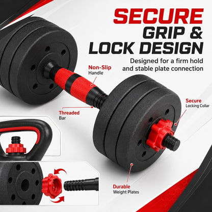 6-in-1 Adjustable Dumbbell, Barbell & Kettlebell Set – 20kg to 40kg – Customisable Home Gym Strength Training Weights