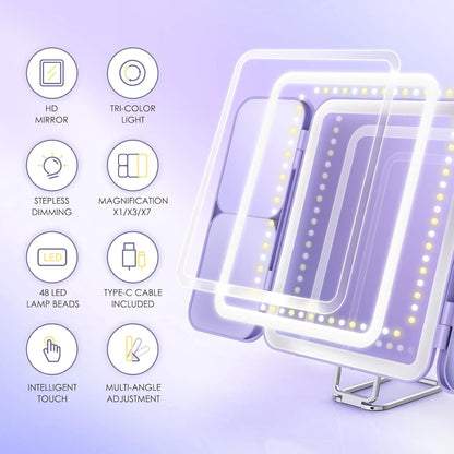 SEJOY Tri-Fold LED Makeup Mirror – 1X/3X/7X Magnification, 3 Light Colours, Rechargeable (Purple)