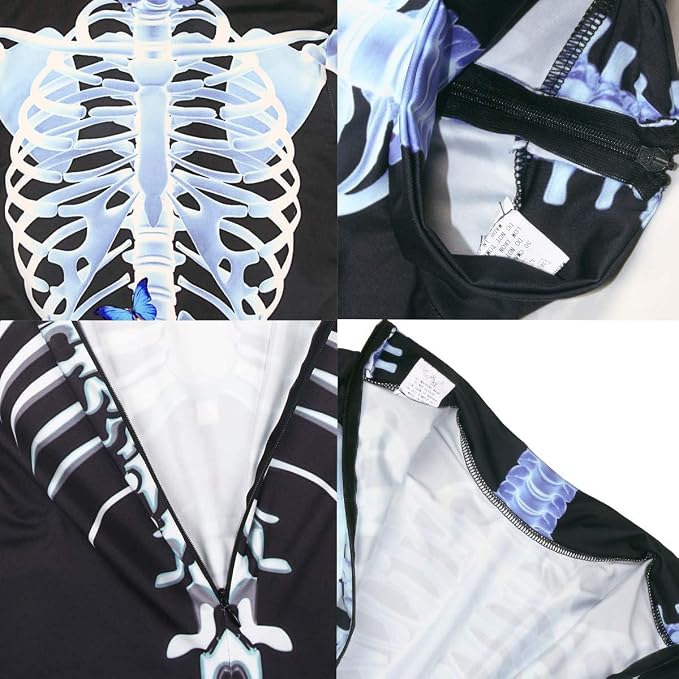 Women’s Skeleton Jumpsuit Halloween Costume – Long Sleeve Skull Bone Print Catsuit for Cosplay, Carnival & Theme Parties