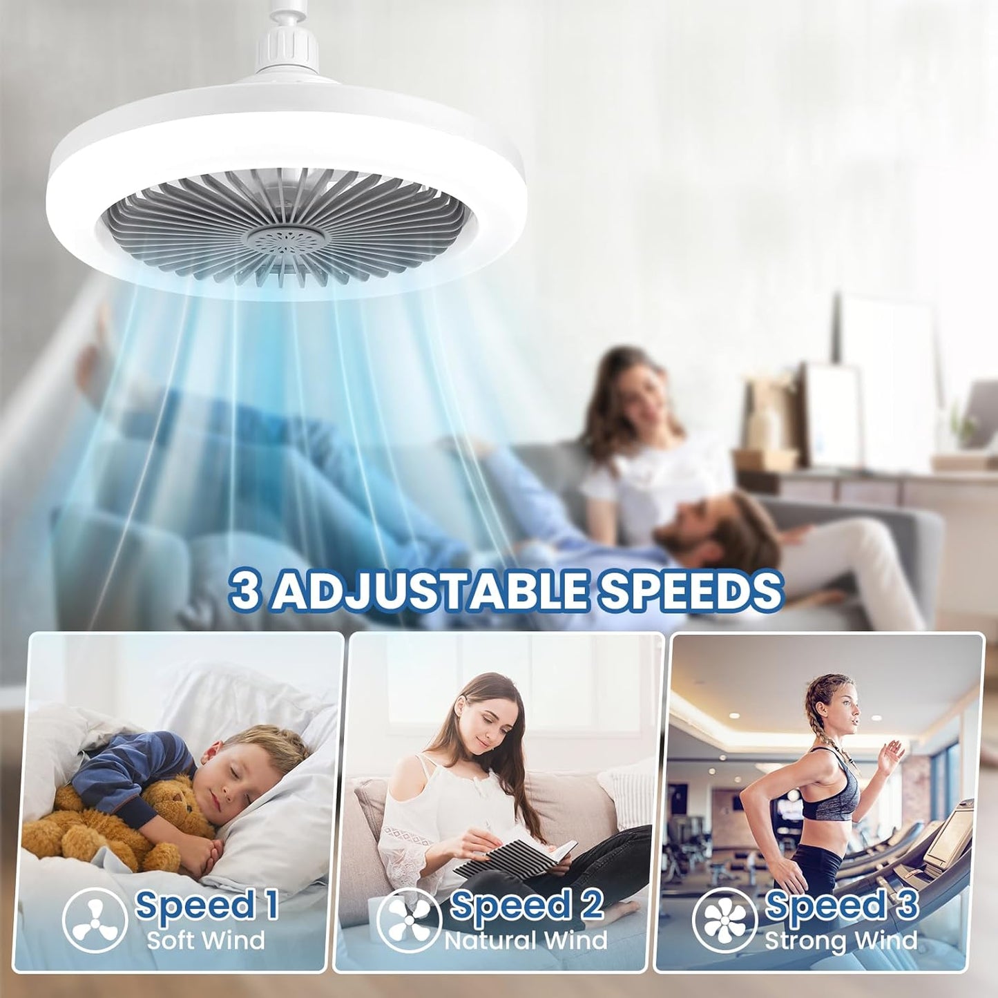 LED Multi-Function Fan Light – Screw-In Ceiling Fan with Remote, Dimmable, 3 Speeds, 3 Colours