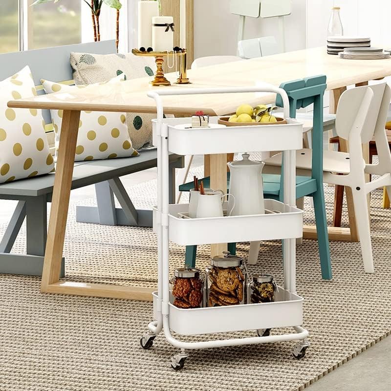 3 Tier Metal Storage Trolley on Wheels, Kitchen Bathroom Utility Cart, Black or White, 86x42cm
