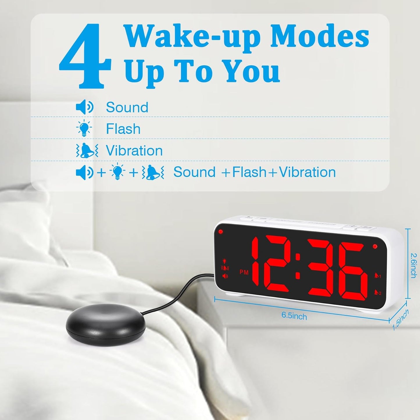 Sukeen Loud Alarm Clock with Bed Shaker – For Heavy Sleepers, 6.5" LED Display, Dual Alarm, USB Charger