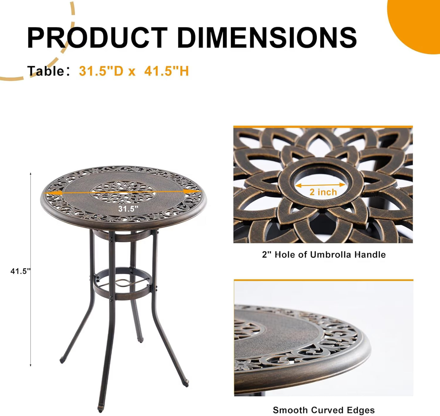 Outdoor Bar Height Table & Swivel Stool Set — 31.5" Round Cast Aluminum Patio Pub Table with Umbrella Hole + 2 High Top Bar Chairs with 360° Swivel & Removable Cushions (Bronze)