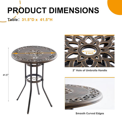 Outdoor Bar Height Table & Swivel Stool Set — 31.5" Round Cast Aluminum Patio Pub Table with Umbrella Hole + 2 High Top Bar Chairs with 360° Swivel & Removable Cushions (Bronze)